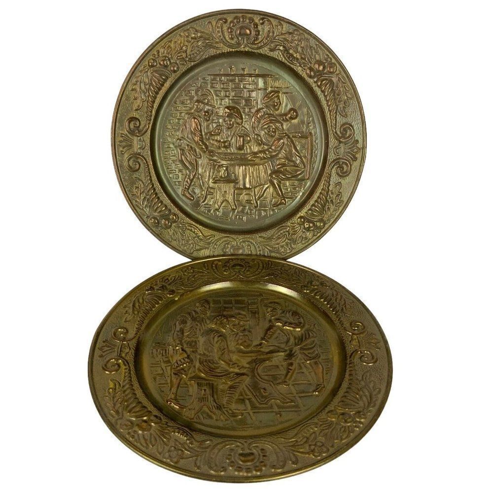 Elpec England Brass Chargers Plates Embossed Pub Tavern Scenes Vtg Wall Decor